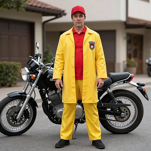 Middle-aged man in yellow coat and pants, red shirt, red cap, standing in front of black motorcycle, suburban background. Photograph.