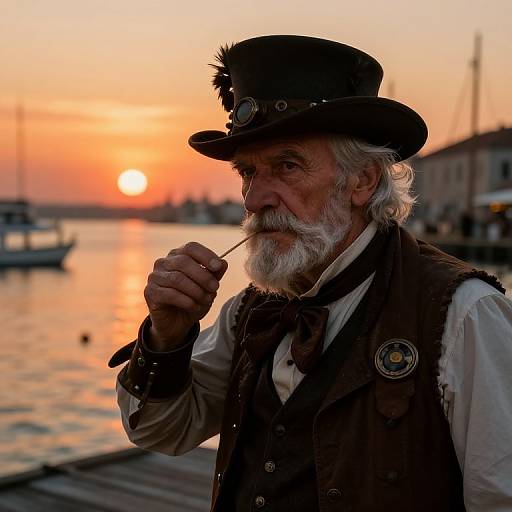 Steampunk Elderly Sailor at Sunset