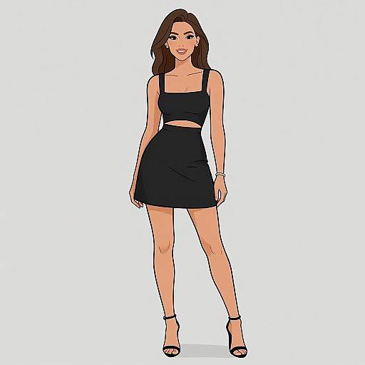 Digital illustration of a confident woman with long brown hair, wearing a black crop top and skirt, black high heels, standing against a white background.