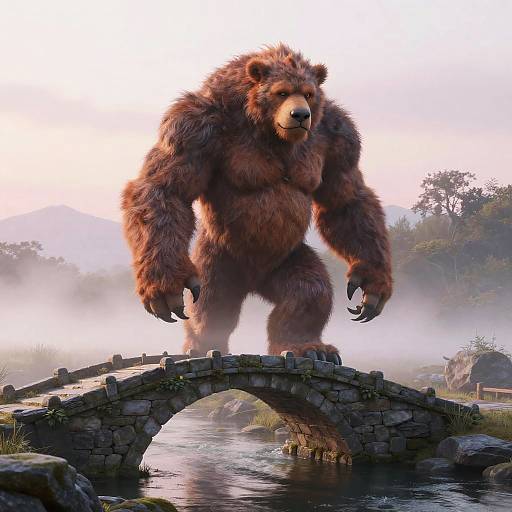 Giant Furry Creature on Misty Bridge