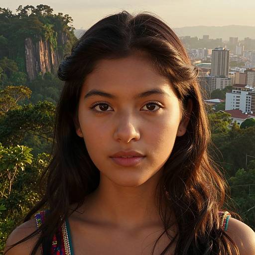 Photograph of a young Latina woman with long, dark hair, wearing a colorful top, standing in a lush, mountainous cityscape at sunset,