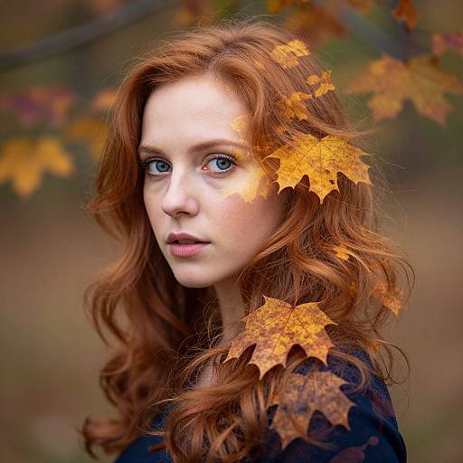 Photograph of a fair-skinned, red-haired woman with blue eyes, surrounded by orange autumn leaves, wearing a black top, looking directly at the