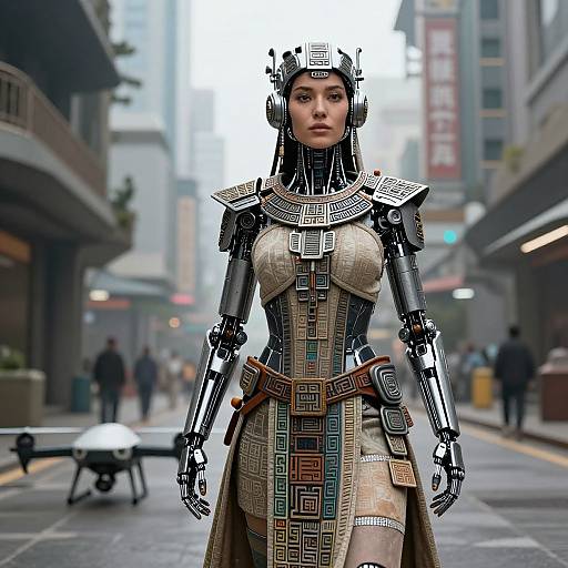 Digital artwork of a cybernetic woman with robotic arms and geometric-patterned armor, standing confidently in a futuristic city street.