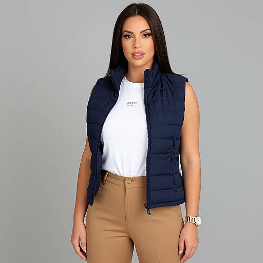 Photograph of a confident woman with long black hair, wearing a white t-shirt, black puffer vest, and tan high-waisted pants,