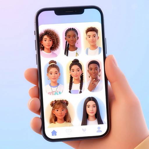 Photograph of a hand holding a smartphone displaying a grid of seven diverse, stylized, animated faces with different hairstyles and expressions.