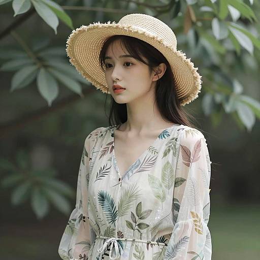 Young Woman in Wide-Brimmed Hat and Leaf-Patterned Dress