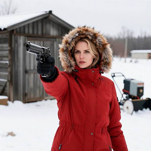 Woman in Red Winter Coat Aiming Gun Outdoors