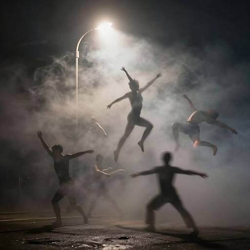 Photograph of silhouetted dancers mid-jump in dense smoke under bright streetlight, creating dramatic, ethereal nighttime performance scene.