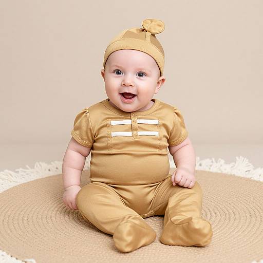 Photograph of a smiling baby with fair skin, wearing a golden outfit and matching hat, sitting on a beige circular mat.
