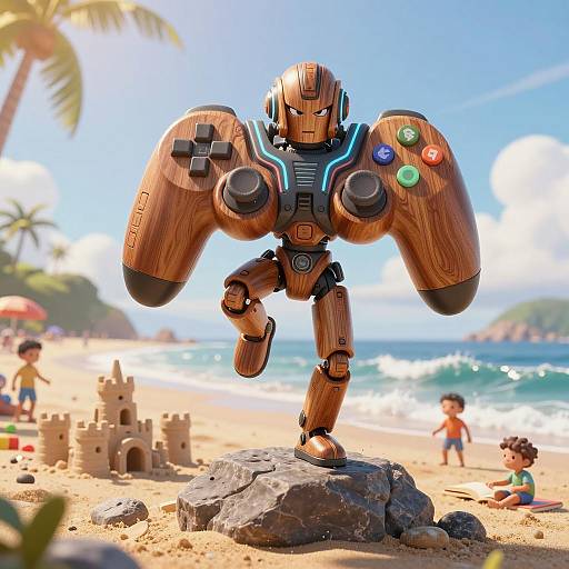 Anthropomorphic Wooden Game Controller Robot on Beach