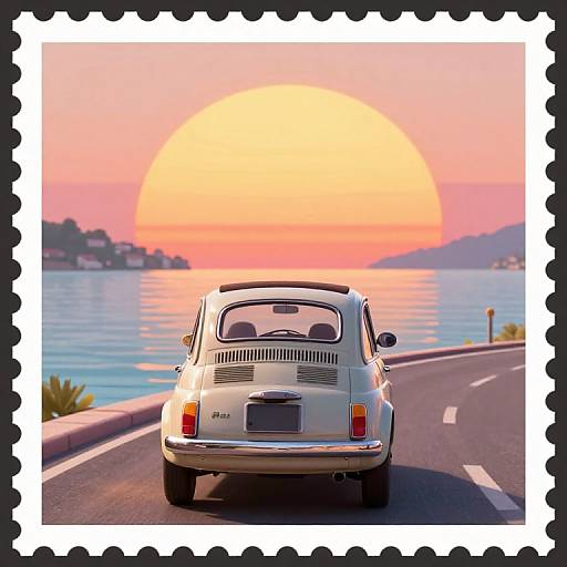Vintage white Porsche driving on coastal road at sunset, large orange sun over calm ocean, pastel sky, framed like a postage stamp.