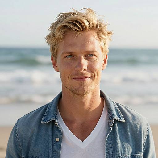 Photograph of a smiling, blond, blue-eyed man with light stubble, wearing a denim shirt over a white V-neck, standing on a sunny