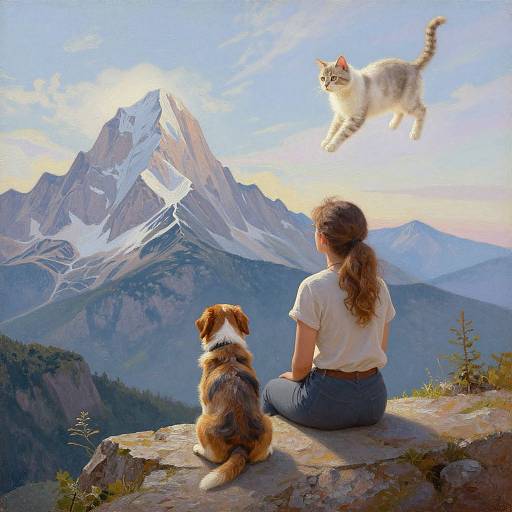 Photograph-style digital art: Woman with ponytail, white shirt, blue pants, sitting on rock, brown dog, and flying cat, overlooking snow