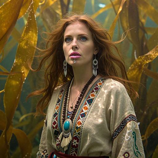 Photograph of a red-haired woman with fair skin, wearing a patterned, beige top with turquoise pendant, amidst golden seaweed. She has pink