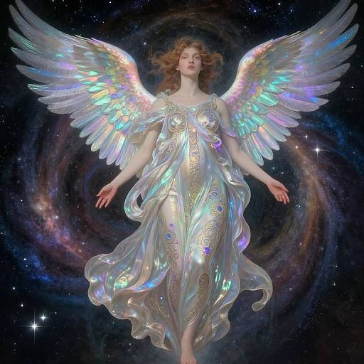 Digital art of a fair-skinned, red-haired angel with iridescent wings and dress, floating in a starry, cosmic background.