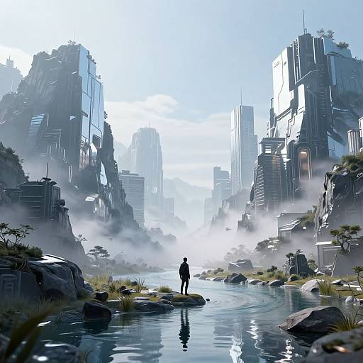 Digital art: Futuristic cityscape with towering, reflective skyscrapers, misty atmosphere, and a lone figure standing on a rocky riverbank.