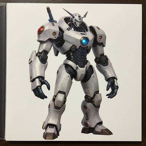 Photograph of a white, humanoid robot with blue and red glowing lights, black joints, and a sword on its back, standing against a white background