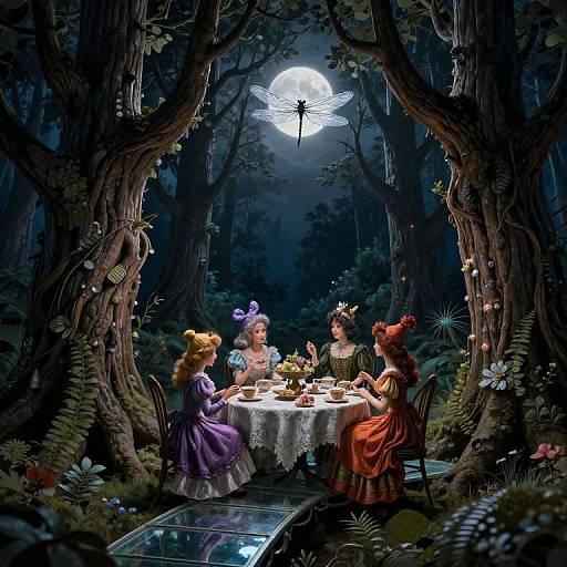 Fantastical forest moonlit scene: three fairy-like women in Victorian dresses, dining at a white table, surrounded by trees, flowers, and a