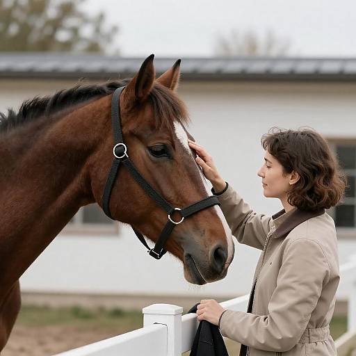 Woman Gently Touching a Brown Horse
