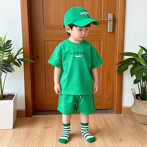 Young Boy in Green Outfit Indoors