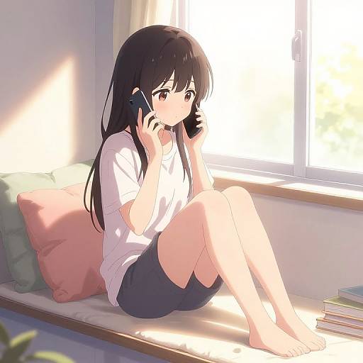Anime-style digital drawing of a shy girl with long black hair, wearing a white shirt and black shorts, sitting by a sunlit window, talking on