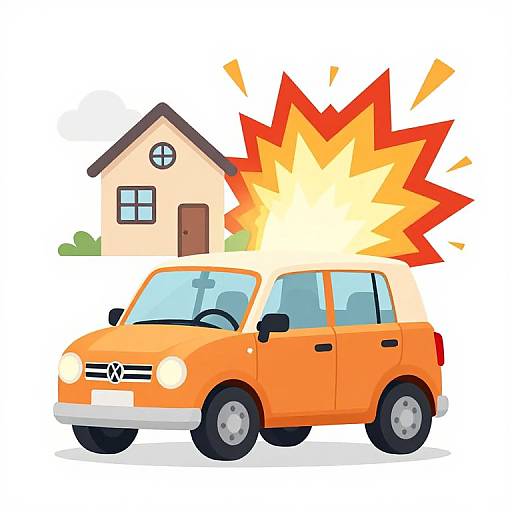 Cartoon illustration of an orange compact car with a large, bright orange explosion behind it, in front of a simple, beige house with brown roof and