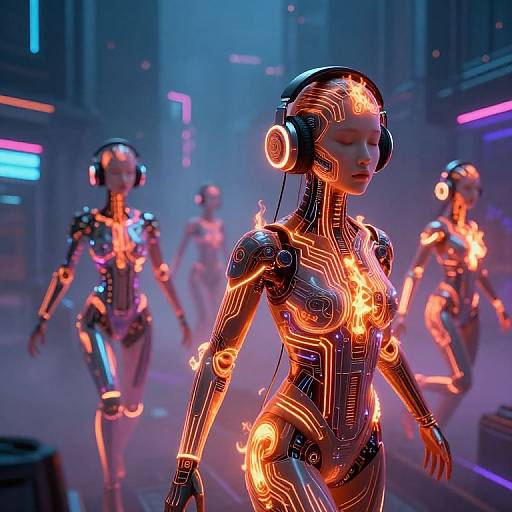 Digital art of three glowing, neon-lit, cybernetic women with futuristic headsets, running in a neon-lit, futuristic cityscape at