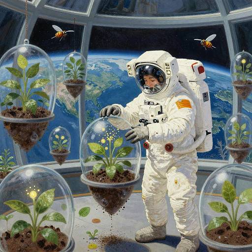 Retro-Futuristic Astronaut Botanist Scene