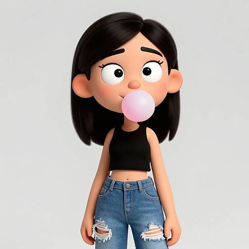 Digital cartoon of a teenage girl with black hair, blowing pink bubble gum, wearing a black crop top and ripped blue jeans.