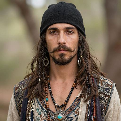 Photograph of a long-haired, bearded man with a black beanie, wearing an ornate, patterned shirt and multiple bead necklaces,