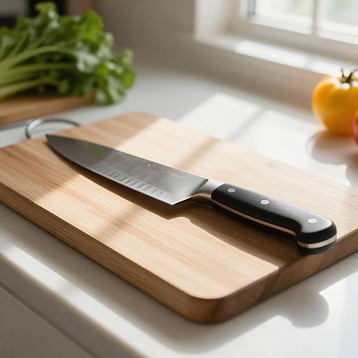 Photograph of a black-handled kitchen knife with stainless steel blade on a wooden cutting board, sunlight streaming through a window.