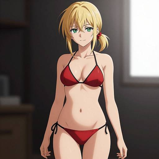 Digital anime-style drawing of a blonde woman with green eyes, wearing a red bikini, standing in a dimly lit room.