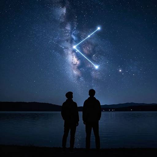 Silhouetted figures standing on a dark shore, gazing at a starry night sky with bright, blue constellation lines overhead. Photograph.