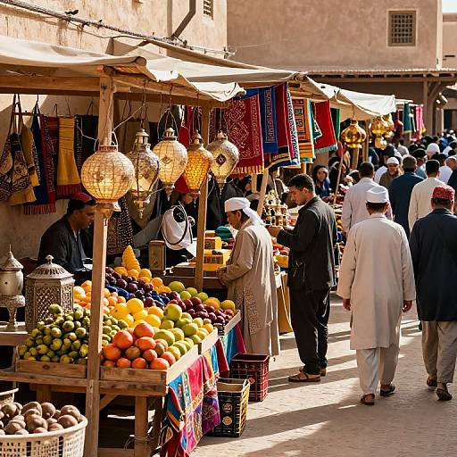 Photograph of a bustling Middle Eastern market with vendors selling fruits, textiles, and lanterns; men in traditional white and black attire walk through the sun