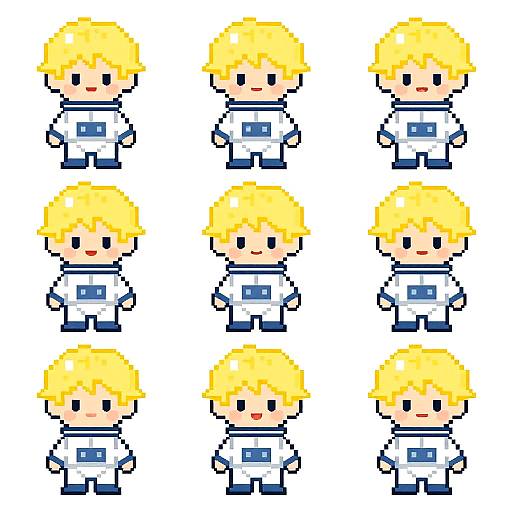 Pixel art image of twelve identical, blonde-haired, anime-style characters in white space suits with blue accents, arranged in a 3x4 grid.