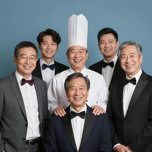 Group of Asian Men in Formal Wear and Chef's Attire