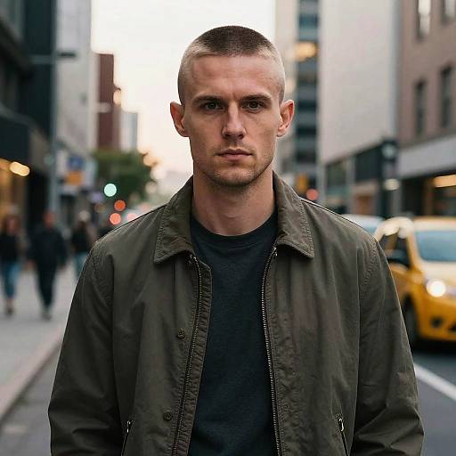 Photograph of a serious, short-haired Caucasian man with a buzz cut, wearing a dark green jacket and black shirt, standing on a bustling urban street