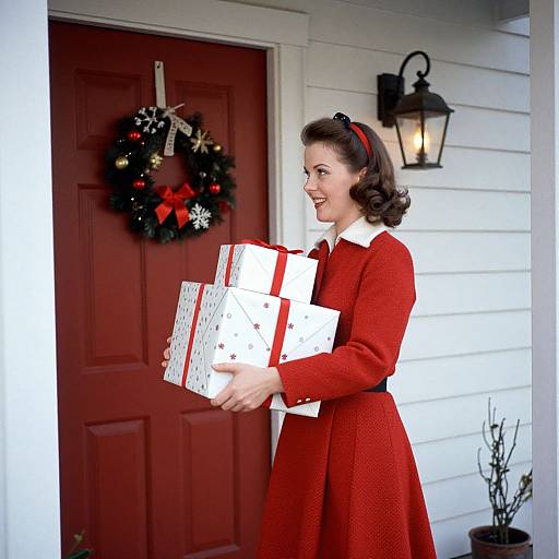 Vintage-style photograph of a smiling woman in a red dress holding white gift boxes, standing at a red door with a Christmas wreath.