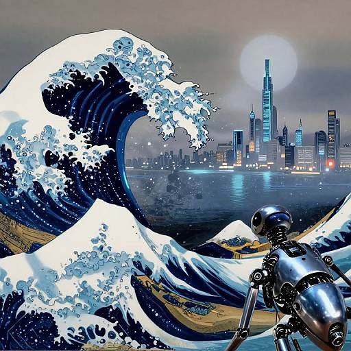 Digital artwork: Cybernetic figure with shiny metallic body gazes at futuristic city skyline, with iconic wave from 