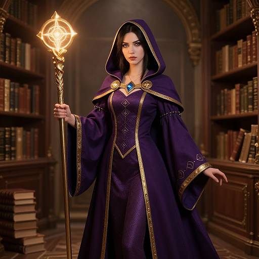 Digital art of a dark-haired, fair-skinned mage woman in a purple, gold-trimmed hooded robe, holding a glowing staff, in