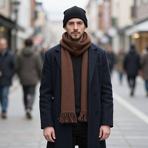 Photograph of a young man with light skin, dark beard, wearing a black beanie, brown scarf, and dark coat, standing in a blurred