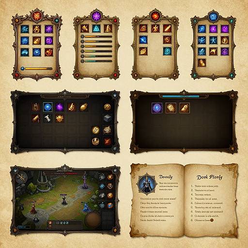 Digital fantasy game interface: six ornate, colored skill frames, two black skill frames, one battle scene, and two parchment texts, with magical symbols