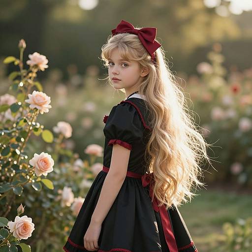 Photograph of a young blonde girl with long hair, wearing a black dress with red trim and a large red bow, standing in a sunlit rose