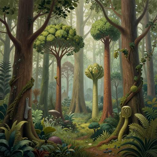 Digital fantasy forest painting with towering redwoods, lush greenery, twisted vines, and surreal plant species, bathed in soft, ethereal light.