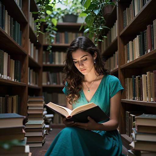 Photograph of a brunette woman with wavy hair, wearing a turquoise dress, reading a book in a dimly lit library aisle. Shelves of