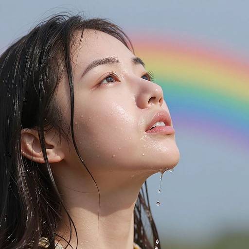 Photograph of an Asian woman with wet black hair, gazing up at a vibrant rainbow against a clear blue sky. Water droplets on her face