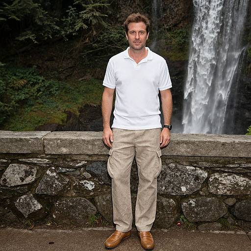 Photograph of a bearded man with short brown hair, wearing a white polo shirt, beige pants, and brown shoes, standing in front of a