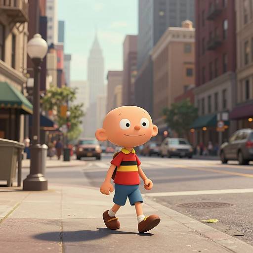 CGI cartoon of a bald, smiling boy in red-striped shirt and blue shorts walking on a sunlit urban street.