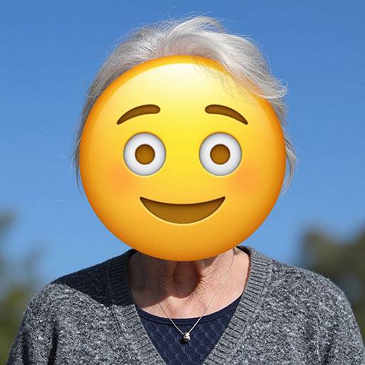 Photograph of elderly person with short gray hair, wearing gray cardigan and black shirt, face replaced by smiling emoji against blue sky background.