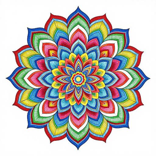 Vibrant digital mandala with colorful, layered petals in red, blue, yellow, green, and orange, forming a symmetrical, intricate floral
